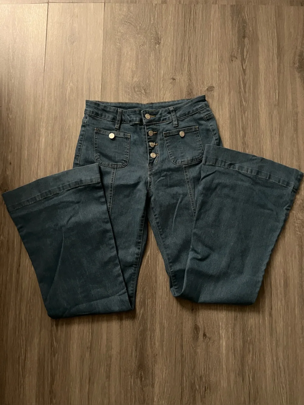 Women's Blue Flare Jeans with Front Button Detail- Retro Sailor Jeans